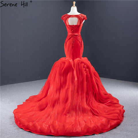Vestidos de novia sexys con escote redondo y diseño de sirena roja, sin mangas, con lentejuelas y cuentas, colección 2025, HM66926 