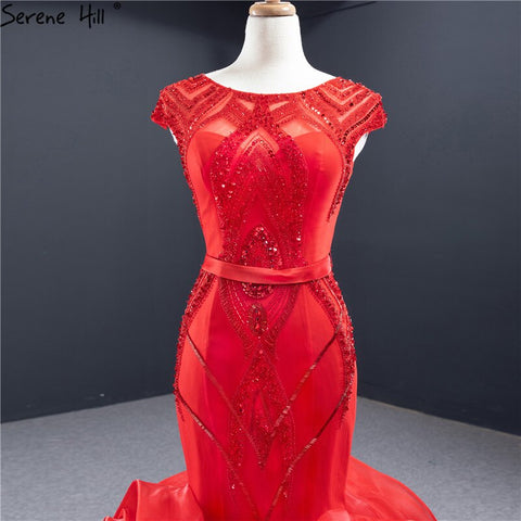 Vestidos de novia sexys con escote redondo y diseño de sirena roja, sin mangas, con lentejuelas y cuentas, colección 2025, HM66926 