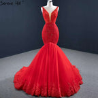Red Mermaid Sexy Sleeveless Evening Dresses 2025 V-Neck Beading Crystal Lace Formal Dress HM67151