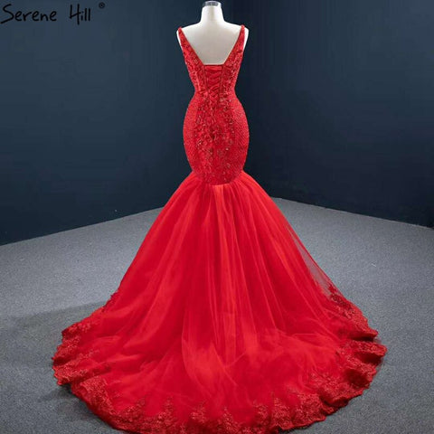 Red Mermaid Sexy Sleeveless Evening Dresses 2025 V-Neck Beading Crystal Lace Formal Dress HM67151