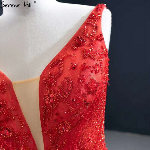 Red Mermaid Sexy Sleeveless Evening Dresses 2025 V-Neck Beading Crystal Lace Formal Dress HM67151