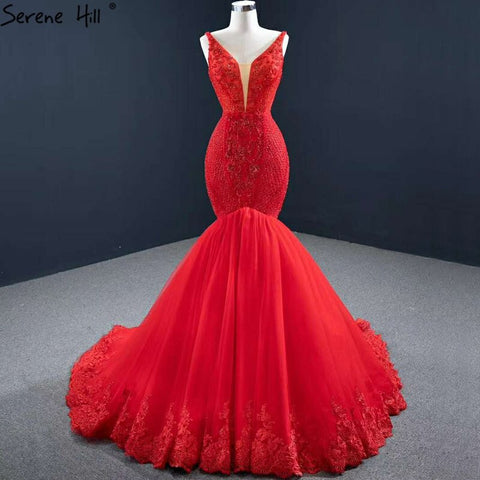 Red Mermaid Sexy Sleeveless Evening Dresses 2025 V-Neck Beading Crystal Lace Formal Dress HM67151