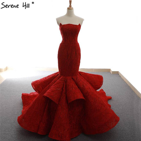 Robe de mariée sirène sexy à épaules dénudées, rouge, à volants, à la mode, photo réelle, HM66614, 2025 