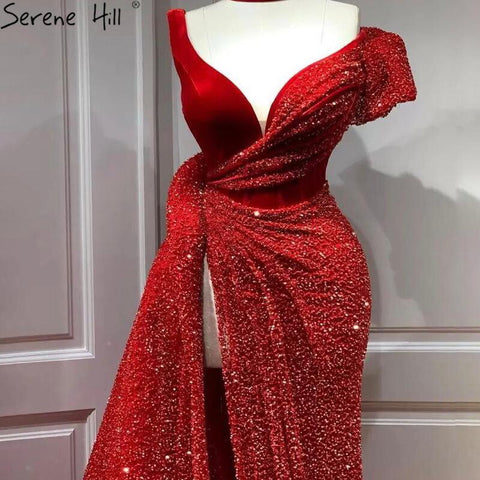 Sale Red One Shoulder Luxury Dubai Evening Dresses Long 2025 Sleeveless Sexy Beaded Sequins Formal Dress LA70416