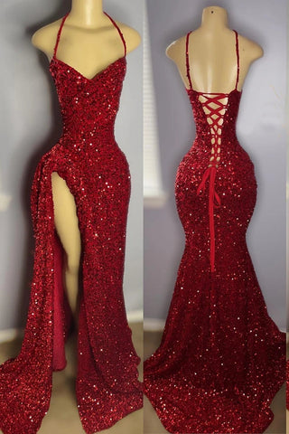 Vestido de fiesta largo hasta el suelo con lentejuelas rojas y abertura