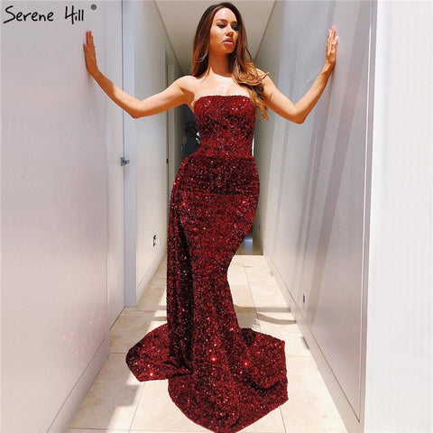 Red Strapless Luxury Sexy Evening Dresses 2025 Dubai Design Off Shoulder Lace Up Formal Dress LA70304