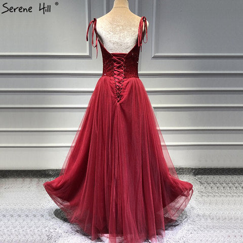 On Sale no return no refundSale Red Strapless Sexy A-Line Evening Dresses Latest Design Sleeveless Sequined Beading Formal Dress Real Photo LA70004