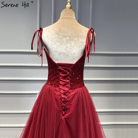 On Sale no return no refundSale Red Strapless Sexy A-Line Evening Dresses Latest Design Sleeveless Sequined Beading Formal Dress Real Photo LA70004