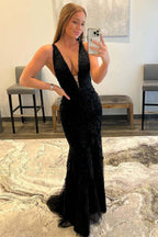Vestidos de fiesta largos hasta el suelo con escote en V y encaje de sirena, vestidos de noche