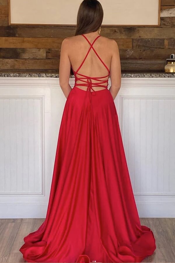 Vestidos largos de fiesta de satén con escote en V, corte en A y abertura, vestidos de noche,
