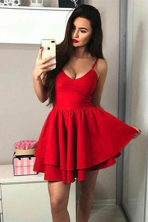 Black Satin A-line V-neck Spaghetti Straps Short Homecoming Dresses