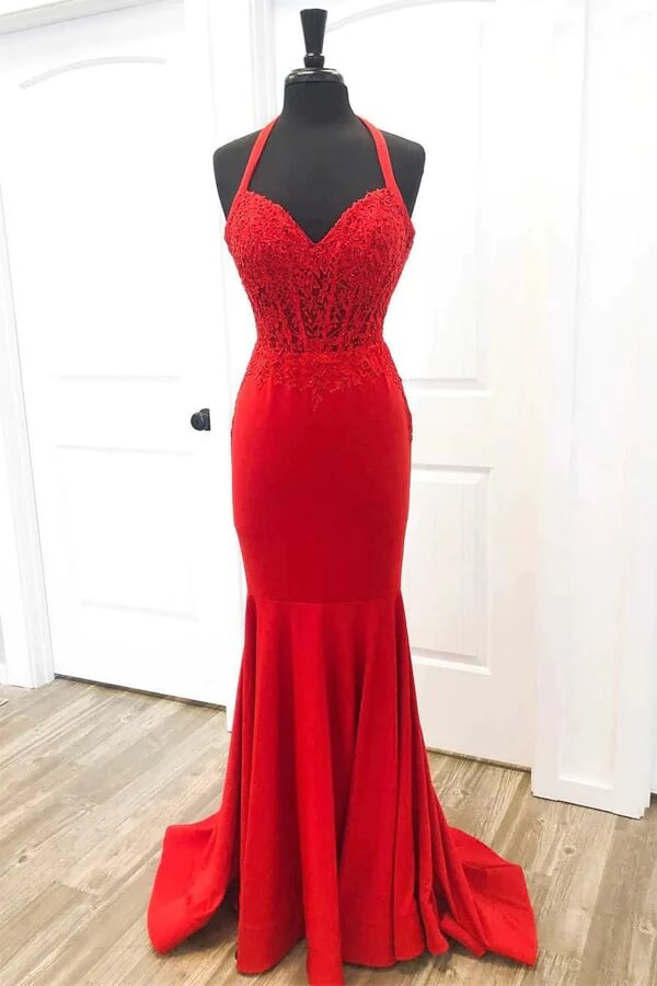 Vestidos largos de fiesta de sirena de satén con escote halter y apliques de encaje