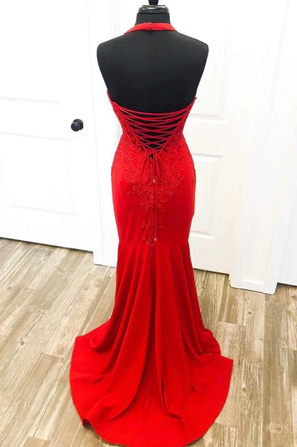 Vestidos largos de fiesta de sirena de satén con escote halter y apliques de encaje