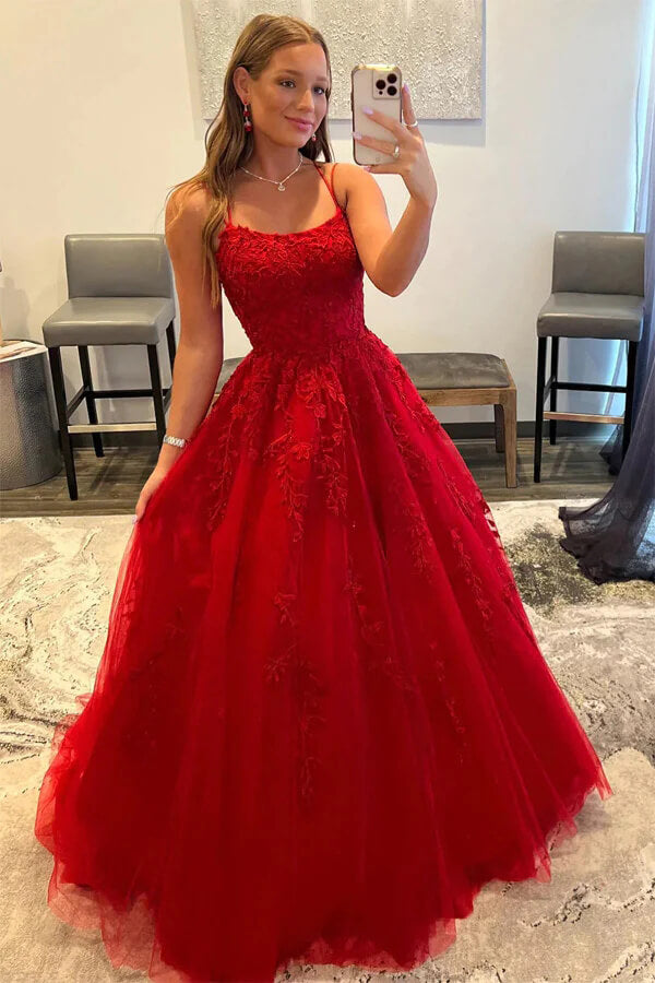 Tulle A-line Scoop Prom Dresses With Lace Appliques, Evening Gowns