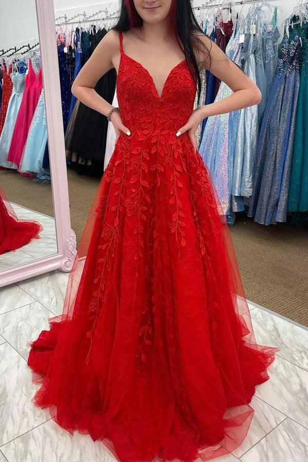 Tulle A-line V-neck Lace Appliques Long Prom Dresses, Party Dresses
