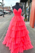 Vestidos largos de fiesta, vestidos de noche, corte en A, escote en V y capas de tul.