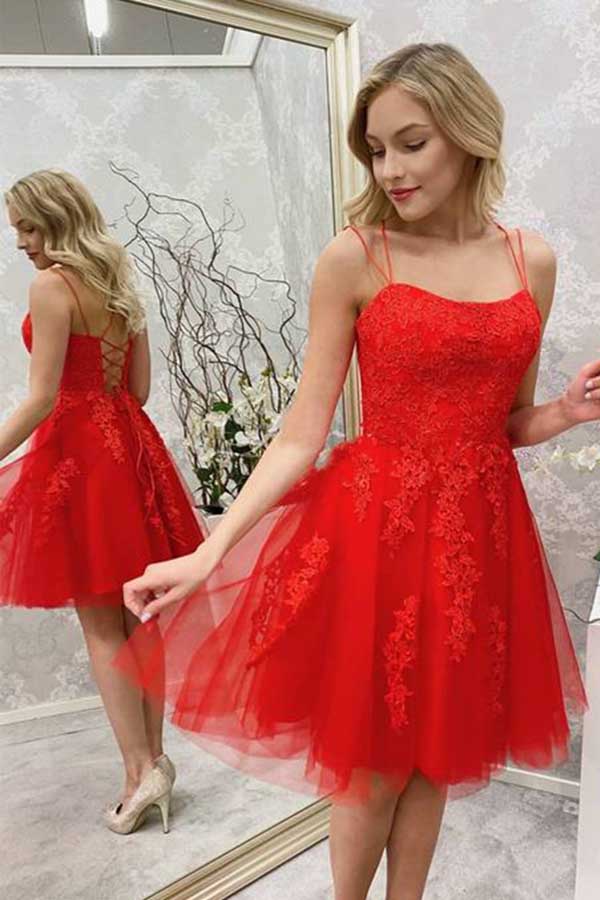 Vestidos de fiesta de bienvenida con tirantes finos de tul y encaje, vestido corto de graduación