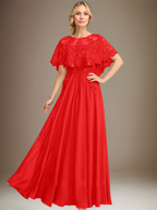 Robe de mère de la mariée en mousseline de soie dentelle, coupe trapèze, col bateau, longueur au sol, ornée d'appliqués de sequins 
