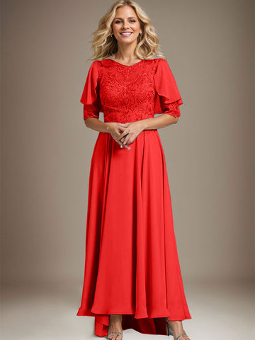 A-line Scoop Illusion Asymmetrical Chiffon Lace Mother of the Bride Dress With Beading