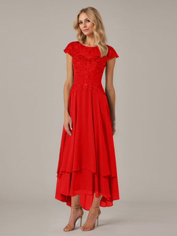 A-line Boat Neck Illusion Asymmetrical Chiffon Lace Mother of the Bride Dress With Applique Pleats