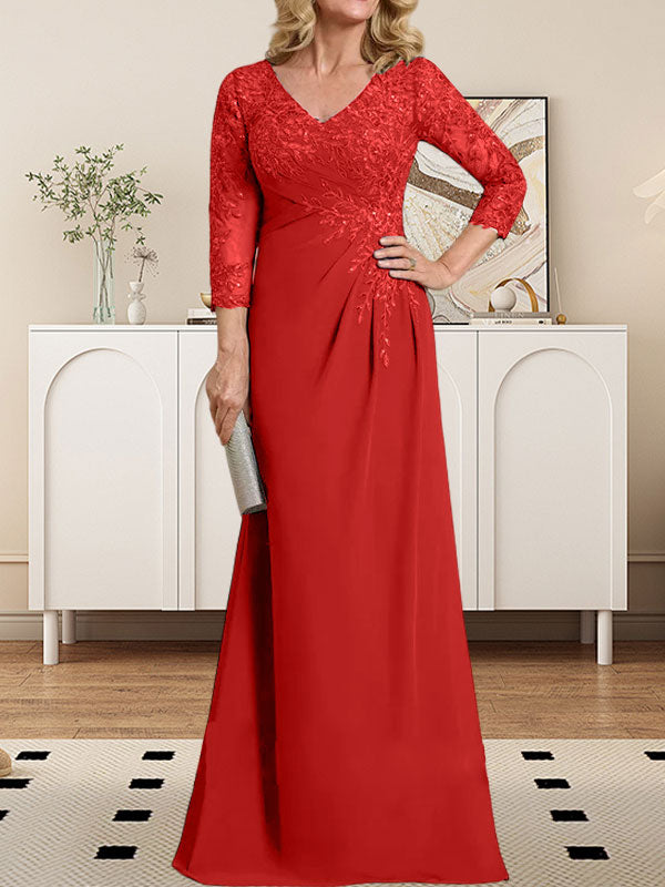 Vestido de novia de corte recto/columna, escote en V ilusión, largo hasta el suelo, de gasa de encaje con lentejuelas plisadas. 