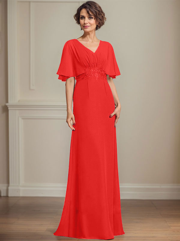 Vestido de corte A, escote en V, largo hasta el suelo, de gasa, para la madre de la novia, con apliques de lentejuelas plisadas y encaje.