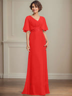 Vestido de corte A, escote en V, largo hasta el suelo, de gasa, para la madre de la novia, con apliques de lentejuelas plisadas y encaje.