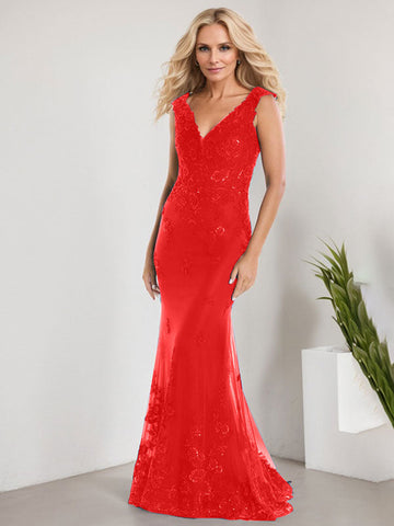 A-line V-Neck Floor-Length Lace Chiffon Mother of the Bride Dress With Applique Sequins Mermaid Dresses