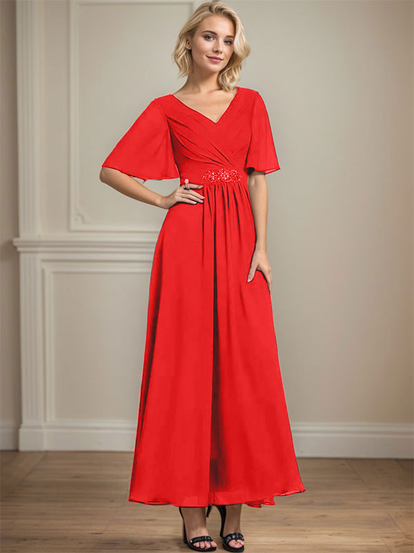Vestido de gasa de corte A, escote en V, largo hasta el tobillo, para la madre de la novia, con lentejuelas y cuentas plisadas.