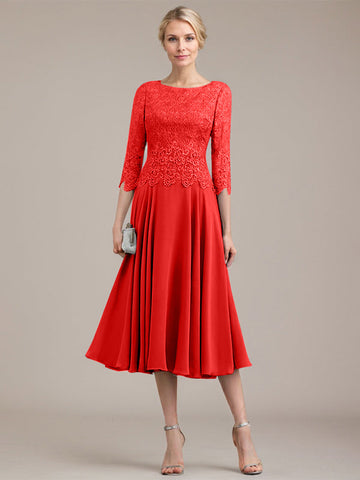 A-line Scoop Tea-Length Lace Chiffon Mother of the Bride Dress