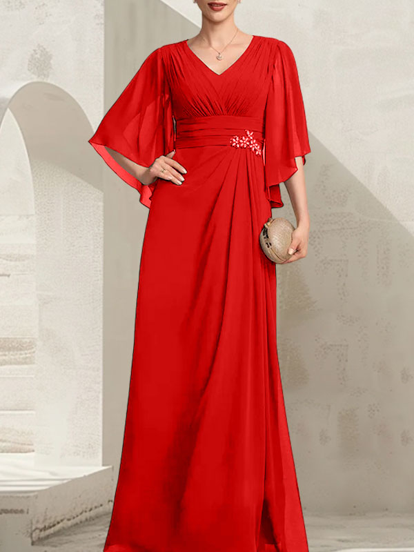 Vestido de corte recto/columna, escote en V, largo hasta el suelo, de gasa, para la madre de la novia, con lentejuelas plisadas y pedrería.