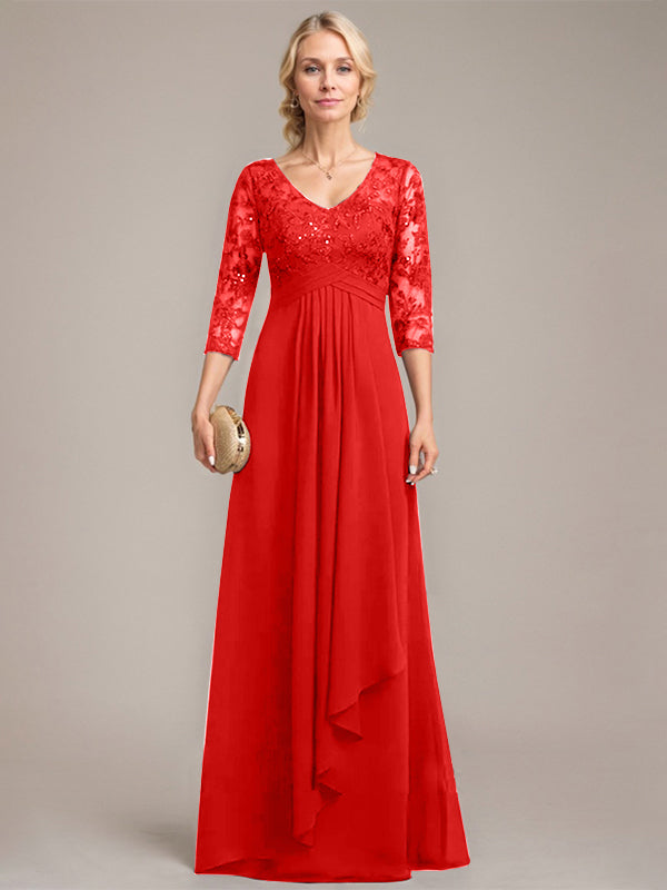 Vestido de novia de corte línea A, escote en V, largo hasta el suelo, de gasa de encaje con volantes en cascada y lentejuelas. 