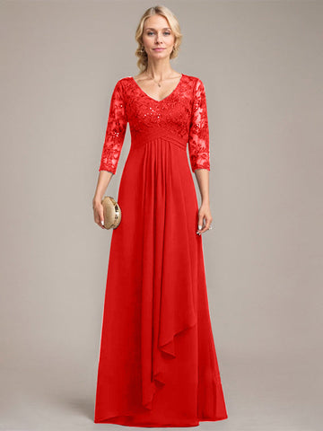 A-line V-Neck Floor-Length Lace Chiffon Mother of the Bride Dress With Cascading Ruffles Sequins