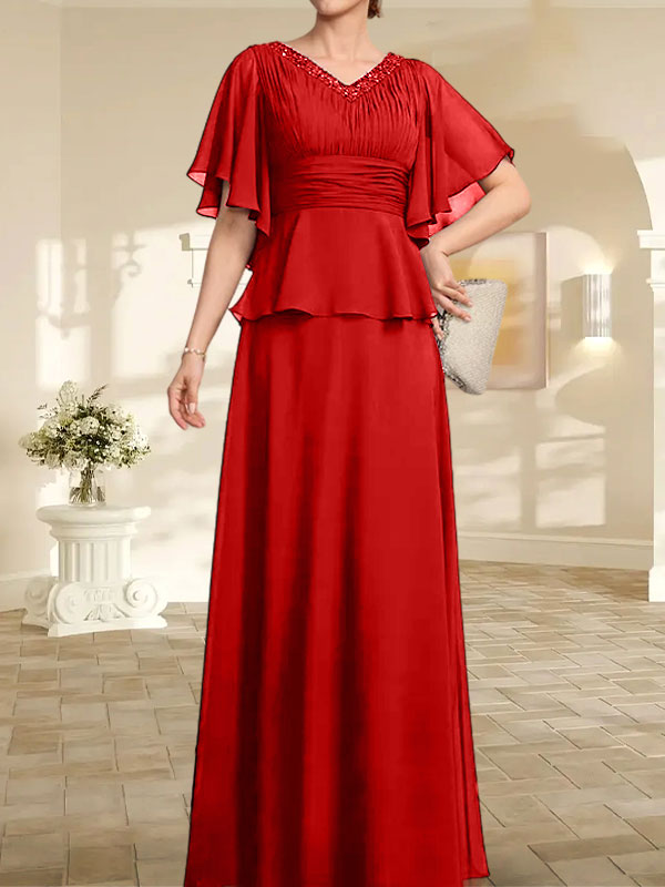 Vestido de gasa de corte A, escote en V, largo hasta el suelo, para la madre de la novia, con plisados ​​y cuentas.