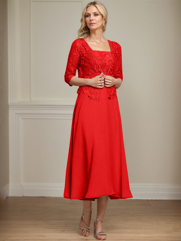 Vestido de corte A, largo midi, de gasa, encaje y lentejuelas para la madre de la novia. 