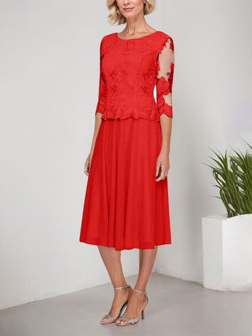A-line Scoop Tea-Length Lace Chiffon Mother of the Bride Dress With Embroidery