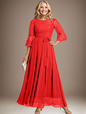 A-line Scoop Ankle-Length Lace Chiffon Mother of the Bride Dress With Bow