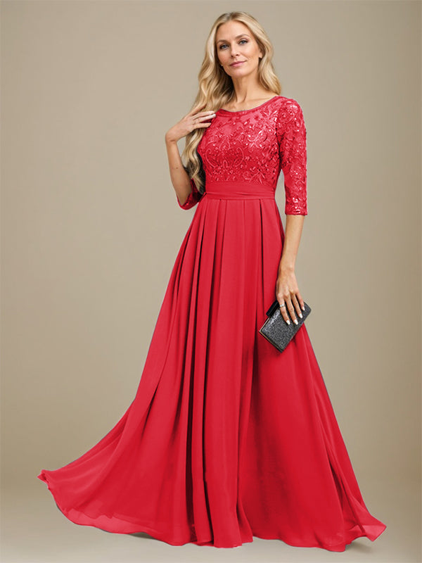 Vestido de corte A, escote redondo, largo hasta el suelo, de gasa de encaje con apliques de lentejuelas para la madre de la novia. 