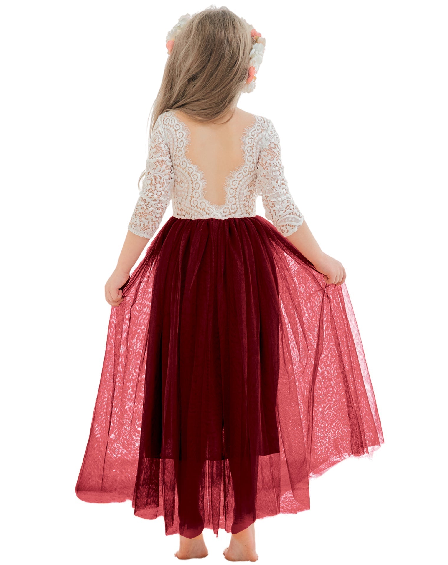 Vestido de niña de las flores de tul, manga larga, corte línea A, encaje blanco angelical 