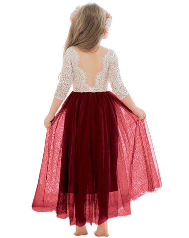 Vestido de niña de las flores de tul, manga larga, corte línea A, encaje blanco angelical 