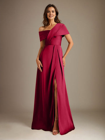 A-Line Asymmetrical Neckline Floor-Length Satin Mother of the Bride Dress With Pleated