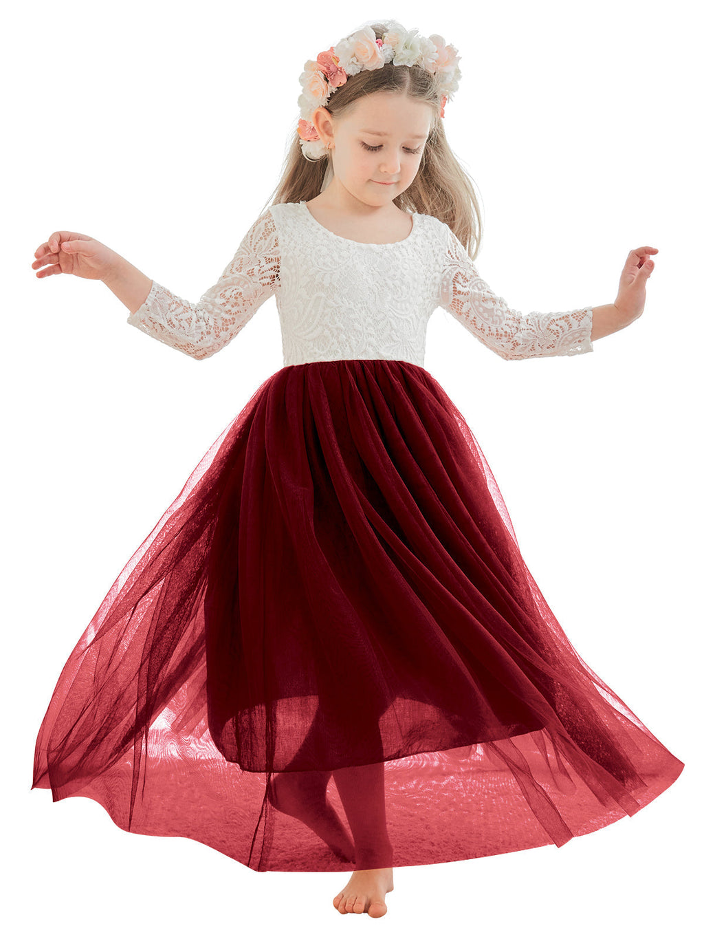 Vestido de niña de las flores de tul, manga larga, corte línea A, encaje blanco angelical 