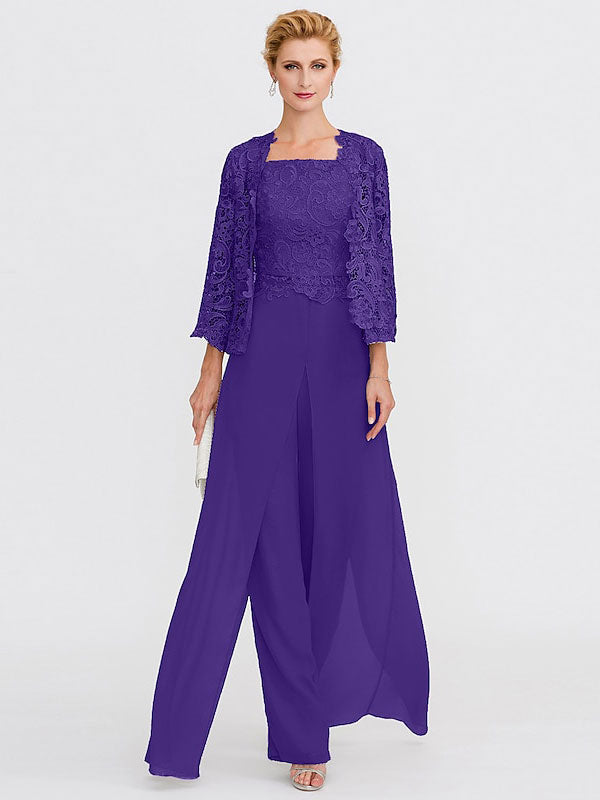 Traje pantalón de chifón de tres piezas con escote cuadrado y chaqueta para la madre de la novia 