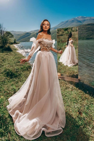 Vestido de fiesta de tul romántico con hombros descubiertos estilo princesa