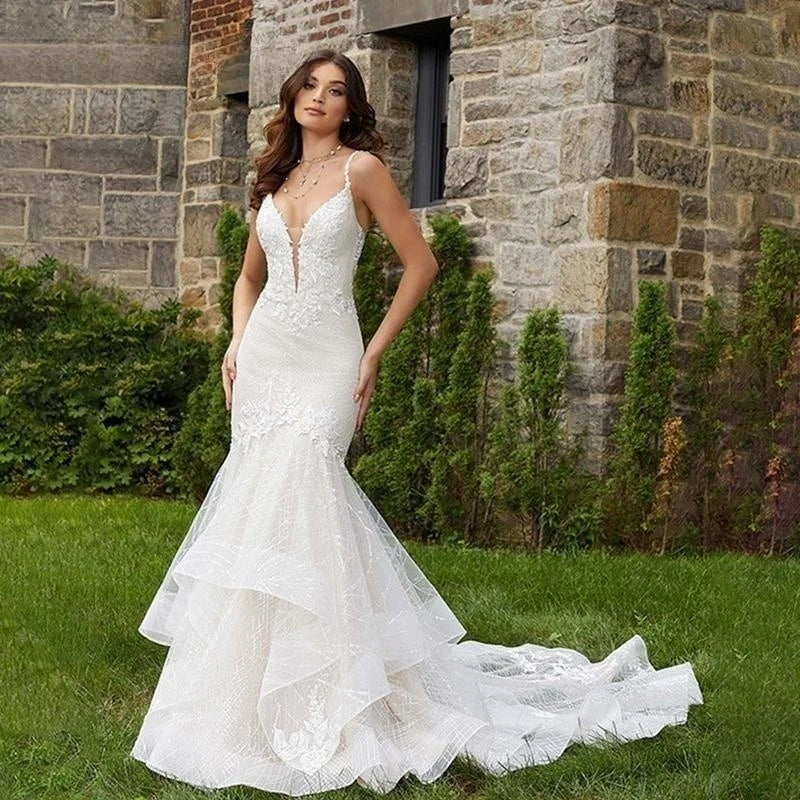 Vestido De Novia romántico Sexy con cuello en V profundo Vestidos De Novia apliques Vestido De Noiva sin espalda vestido De encaje hecho a medida