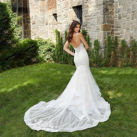 Vestido De Novia romántico Sexy con cuello en V profundo Vestidos De Novia apliques Vestido De Noiva sin espalda vestido De encaje hecho a medida