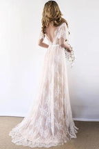 Robe de mariée longue romantique en dentelle blanche, coupe trapèze, dos nu, WD111