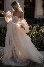 Robe de mariée romantique dos nu à manches, robe de plage 