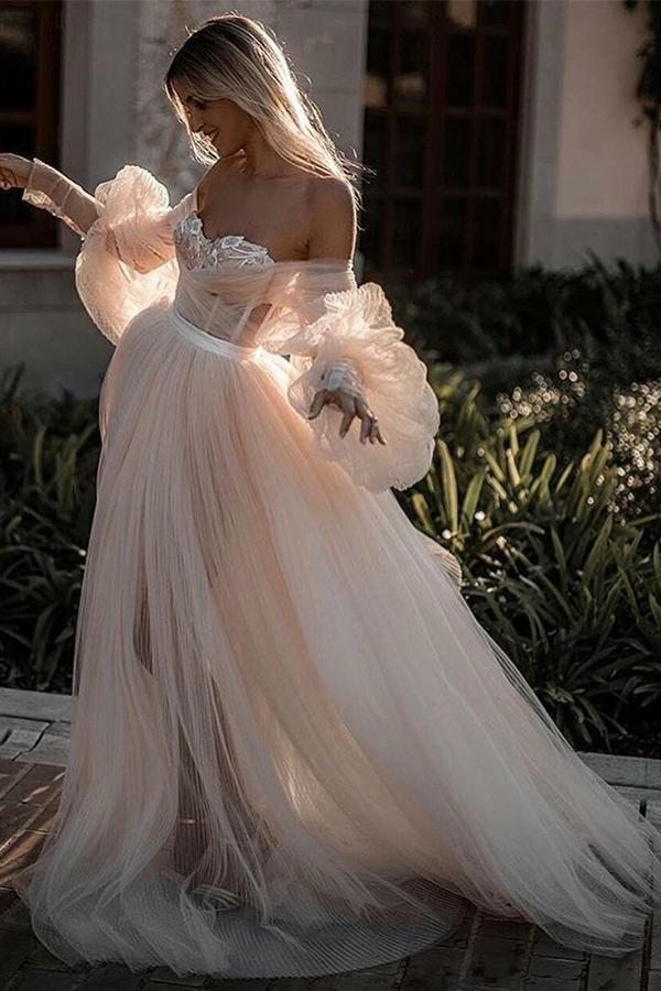Robe de mariée romantique dos nu à manches, robe de plage 