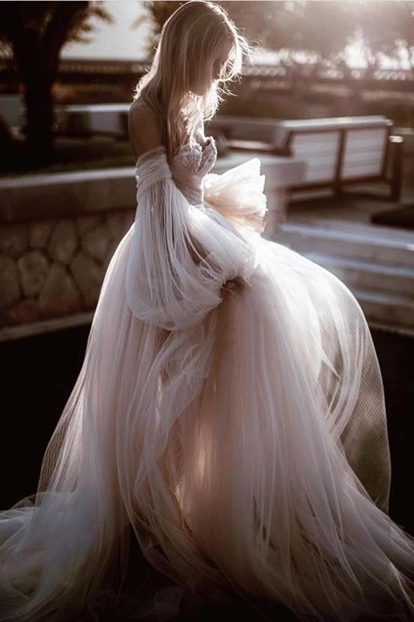Robe de mariée romantique dos nu à manches, robe de plage 